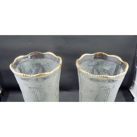Jeannette Glass Harp Pattern Gold Trimmed Footed Vase Pair - Picture 11 of 11